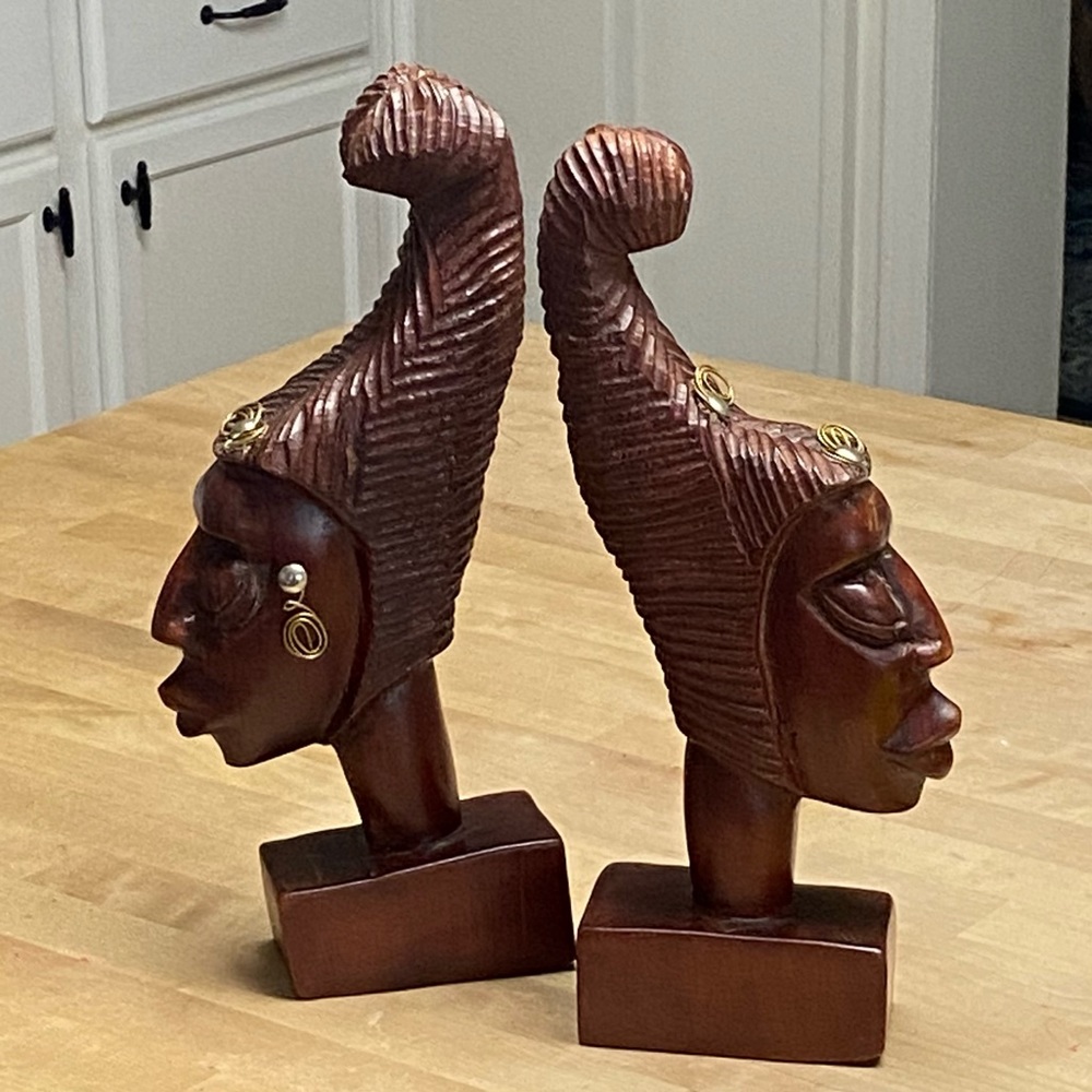 Set of 2 Hand Carved African Wooden Busts sculptures